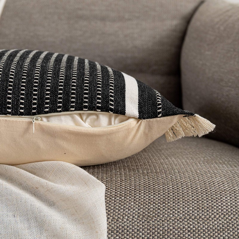 OJIA Modern Throw Pillow Cover with Tassels, Decorative Liana Fringe Accent Cushion Case, Farmhouse Woven Pillowcase for Sofa Chair Couch Bed Decor (Lumbar 18 x 18 Inches, Black) - Image 4